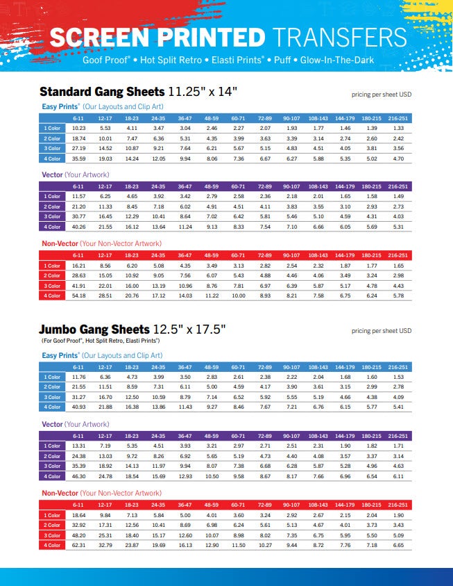 screen printed heat transfer pricing