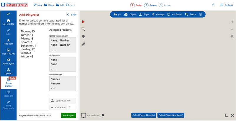 upload roster list to Team Builder tool